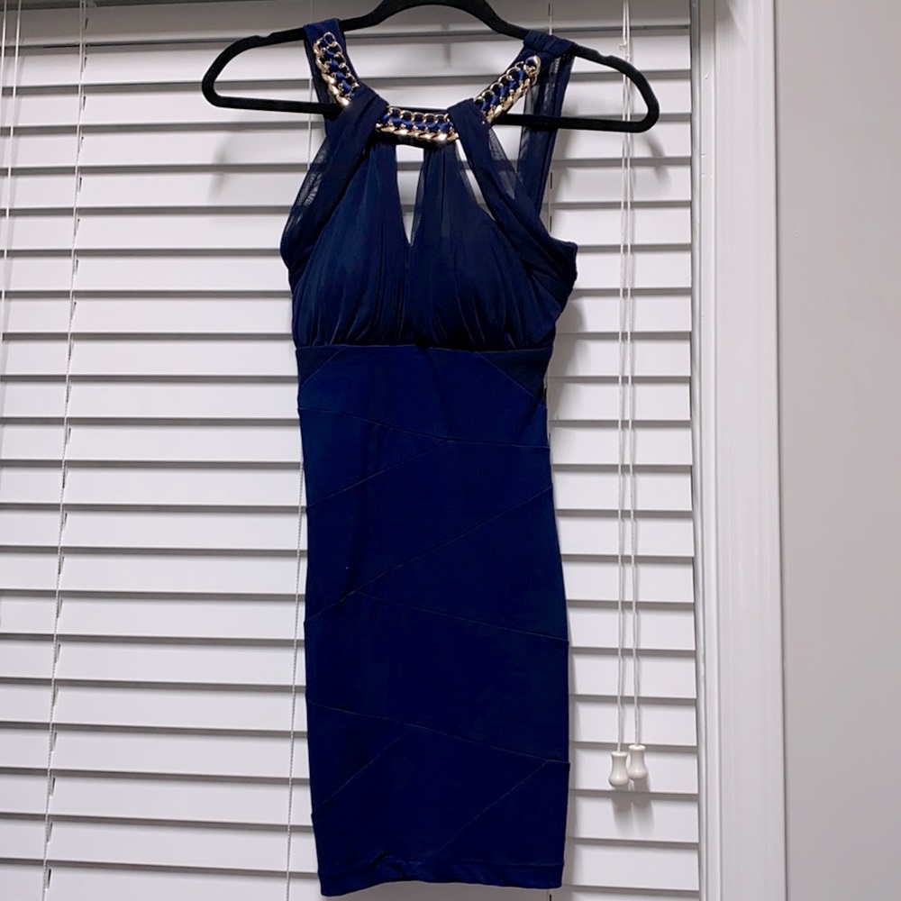 Mini blue bodycon dress, sleeveless. Size S